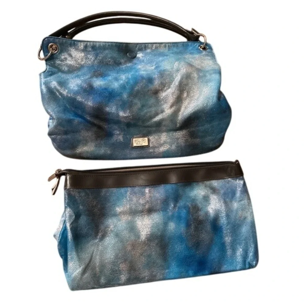 Beijo Couture Blue Silver Metallic Tie Dye‎ Hobo Bag and Pouch Set 2pc